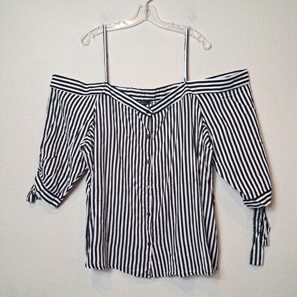 Miss Lili Plus Size Off-Shoulder Black White Striped Button-Front Blouse 3X NWT - Picture 2 of 8
